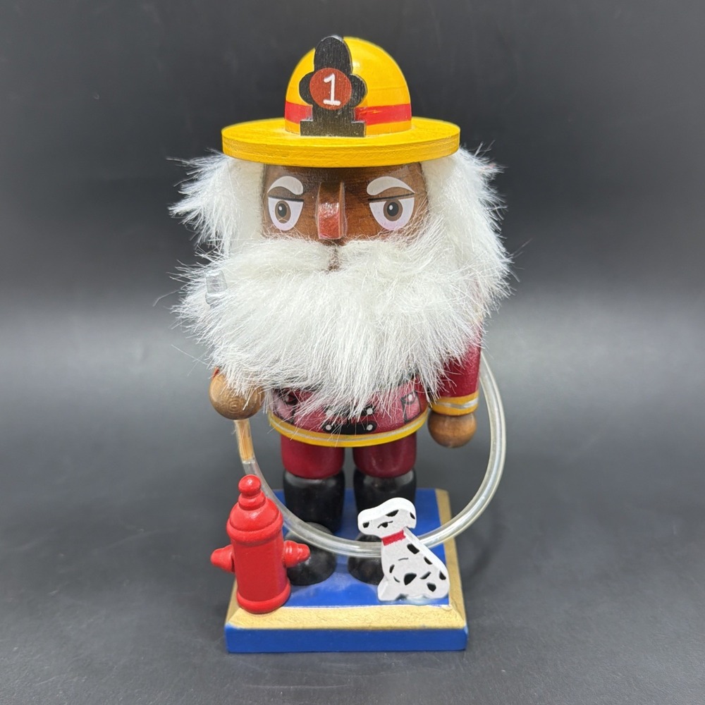 VTG Wooden Nutcracker Fireman with Dalmatian Dog / Fire Hose Christmas Decor 7”